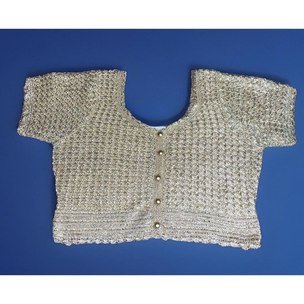 SUMIV Gold Metallic Lurex Crochet Crop Top Cardigan Small S Y2K Button Front